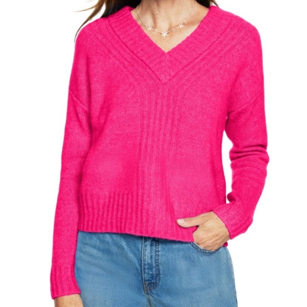 Talbots NWT Women's Wool Pink Berry V Neck Ribbed Knit Pullover Sweater‎ Size M
